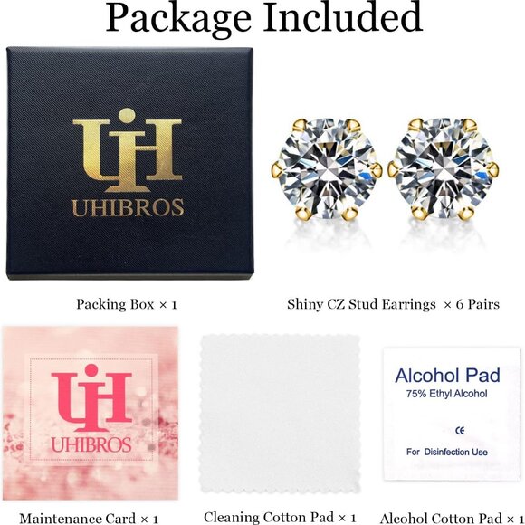 UHIBROS 6 Pairs Hypoallergenic Cubic Zirconia Sterling Silver Stud Earrings Set - Picture 8 of 8